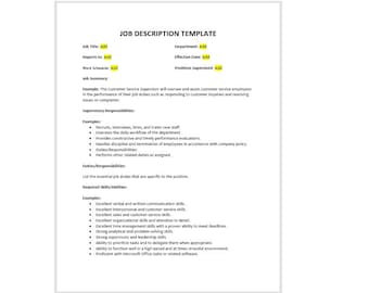 Editable Job Description Template, Job Description Template, Work Description,  Description Template, Word Template, Simple Template
