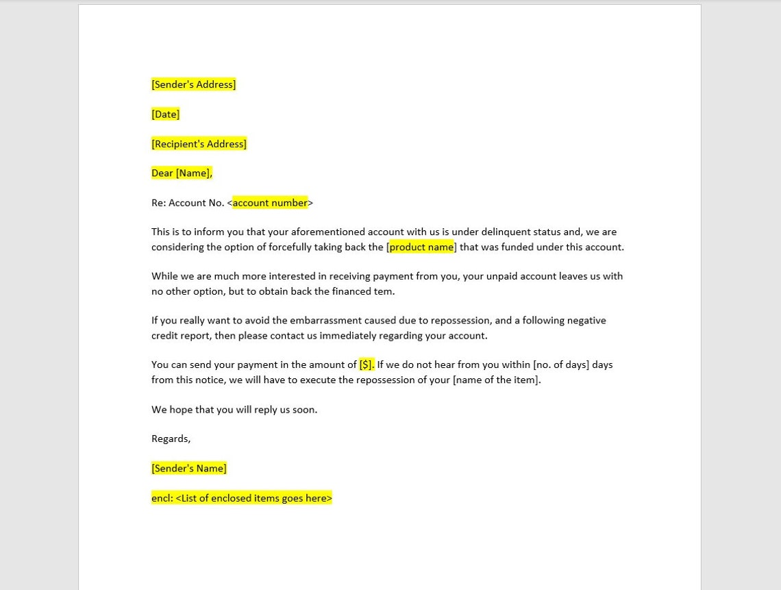 Repossession Warning, Repossession Warning Letter Template Repossession Warning, Repossession Warning Letter Template