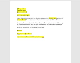 Plantilla de carta de aviso de dos semanas, Carta de aviso de dos semanas, Plantilla de aviso de dos semanas, Aviso de dos semanas, Plantilla de Word, Carta simple