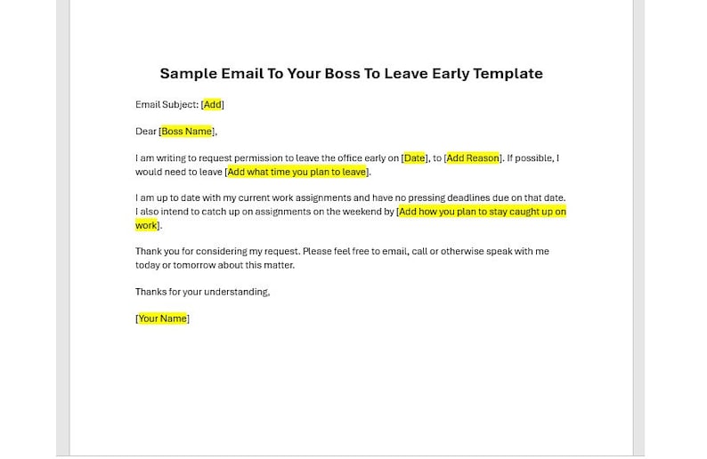 Sample Email To Your Boss To Leave Early Template, Email To Your Boss Template, Email About Leaving Early, Word Email Template image 1