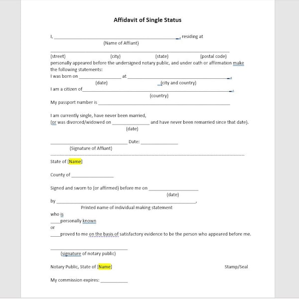 Affidavit of Single Status Notary Form, Affidavit of Single Status Form Template, Simple Notary, Word Template