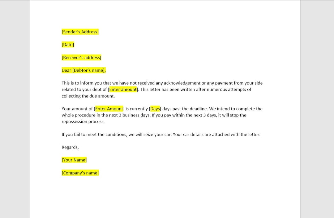 Notice of Repossession, Notice of Repossession Letter Template