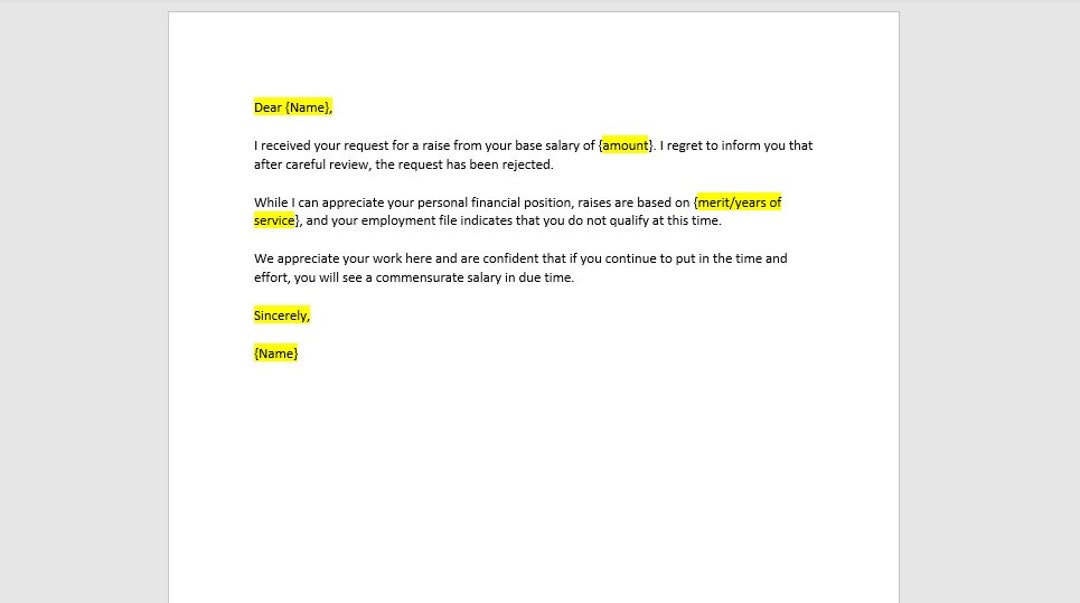 Salary Increase Rejection Letter Template Salary Increase Refusal 