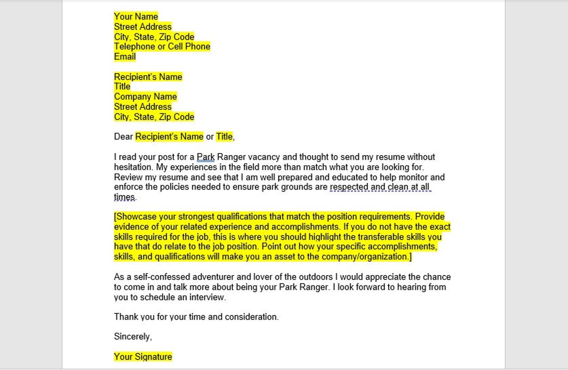 Park Ranger Cover Letter Cover Letter Template Editable Etsy
