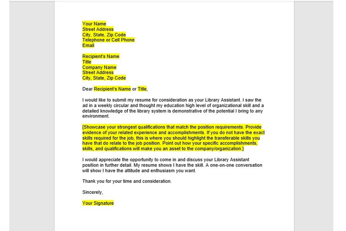 Library Assistant Cover Letter, Cover Letter Template, Editable Cover Letter, Cover Letter