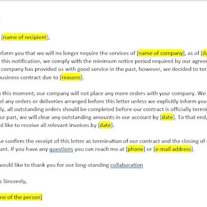 Carta de terminación de contrato comercial, Plantilla de carta de terminación de contrato comercial, Terminación de contrato comercial, Plantilla de Word