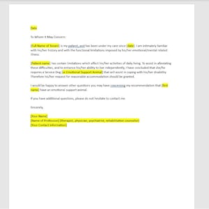 Carta de muestra editable para animal de compañía, solicitud de carta de animal de apoyo emocional, carta de solicitud editable, carta simple, carta de palabra