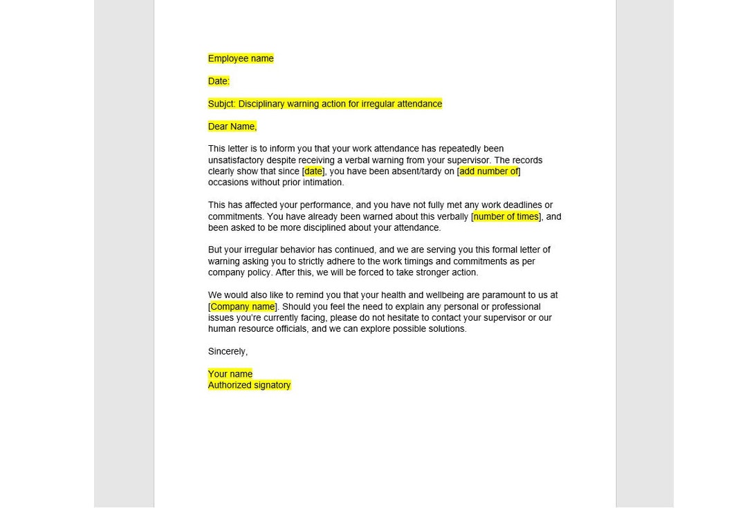 Irregular Attendance Warning Letter, Employee Warning Letter Template ...