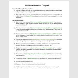Op de afbeelding: Een printbare interviewvragentemplate met elf vragen om aan potentiële kandidaten te stellen. De vragen zijn bedoeld om u te helpen de vaardigheden, ervaring en geschiktheid van de kandidaat voor de rol te beoordelen.