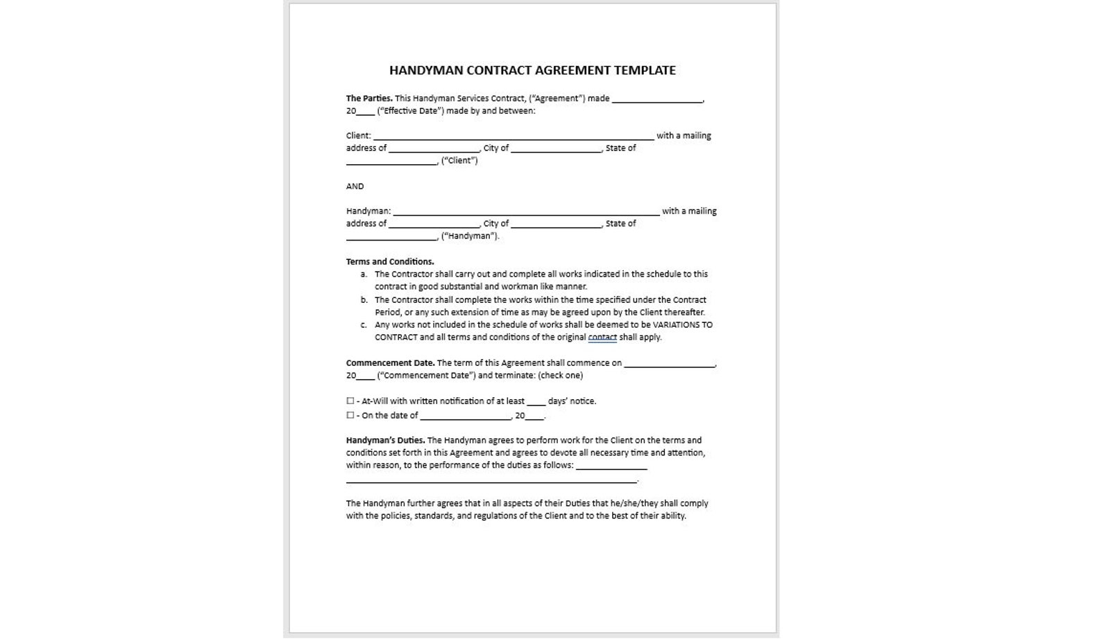 Handyman Contract Agreement, Handyman Contract Agreement Template Handyman Contract Agreement, Handyman Contract Agreement Template
