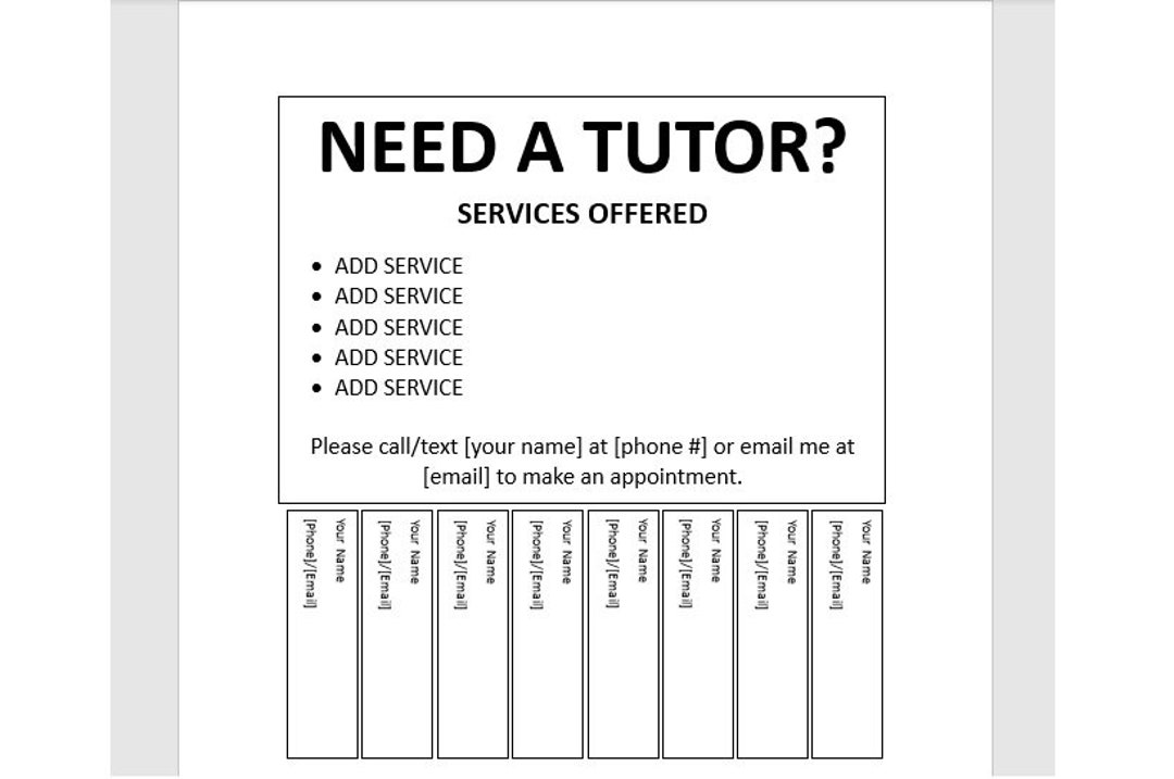 Editable Tutor Tear-off Flyer, Tear-off Flyer Template, Tutor ...