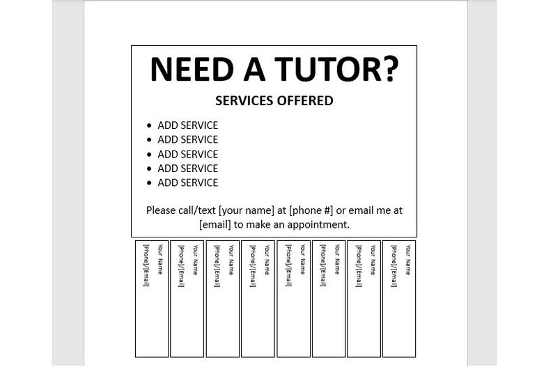 Editable Tutor Tear-off Flyer, Tear-off Flyer Template, Tutor ...