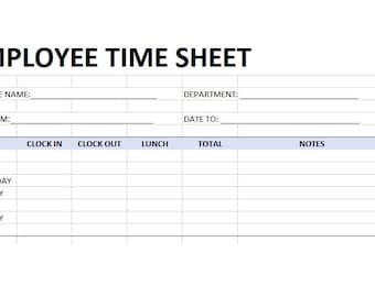 Könnte beinhalten: Eine leere Zeittabellenvorlage mit dem Titel "EMPLOYEE TIME SHEET". Die Tabelle enthält Felder für den Namen des Mitarbeiters, die Abteilung, das Datum von, das Datum bis, die Wochentage, die Uhrzeit des Eincheckens, die Uhrzeit des Auscheckens, das Mittagessen, die Gesamtzeit und Notizen.