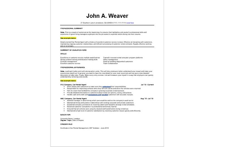 Car Rental Agent Resume Template Word, Modern Resume and Reference