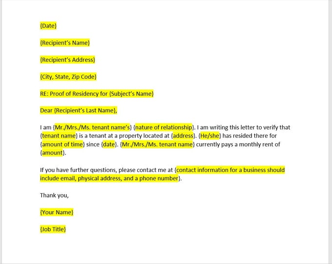 Proof of Residency Letter,letter of Residency,proof of Address Letter ...
