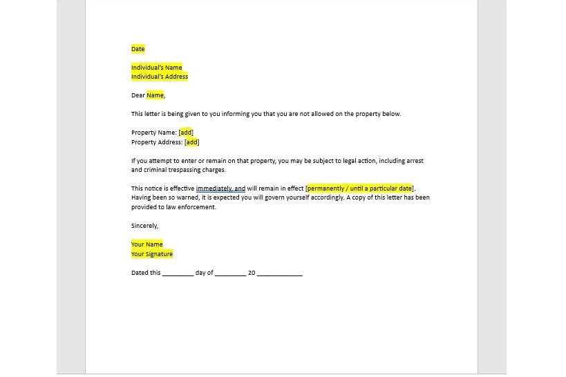 Editable No Trespassing Order Letter Template, No Trespassing Order, Trespassing Order Letter, Simple Template, Word Template - Etsy