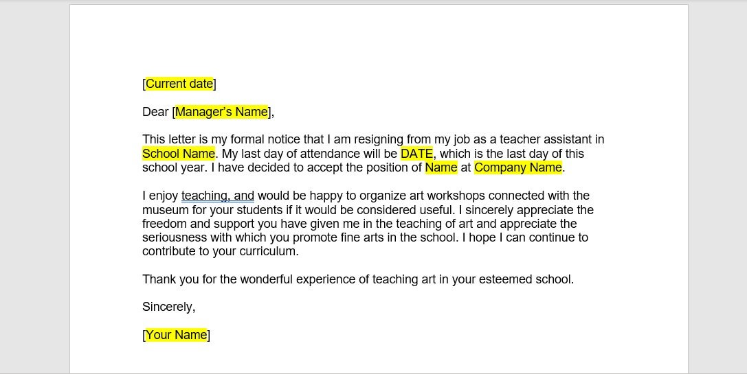 Teacher Assistant Resignation Letter Template Resignation Letter 