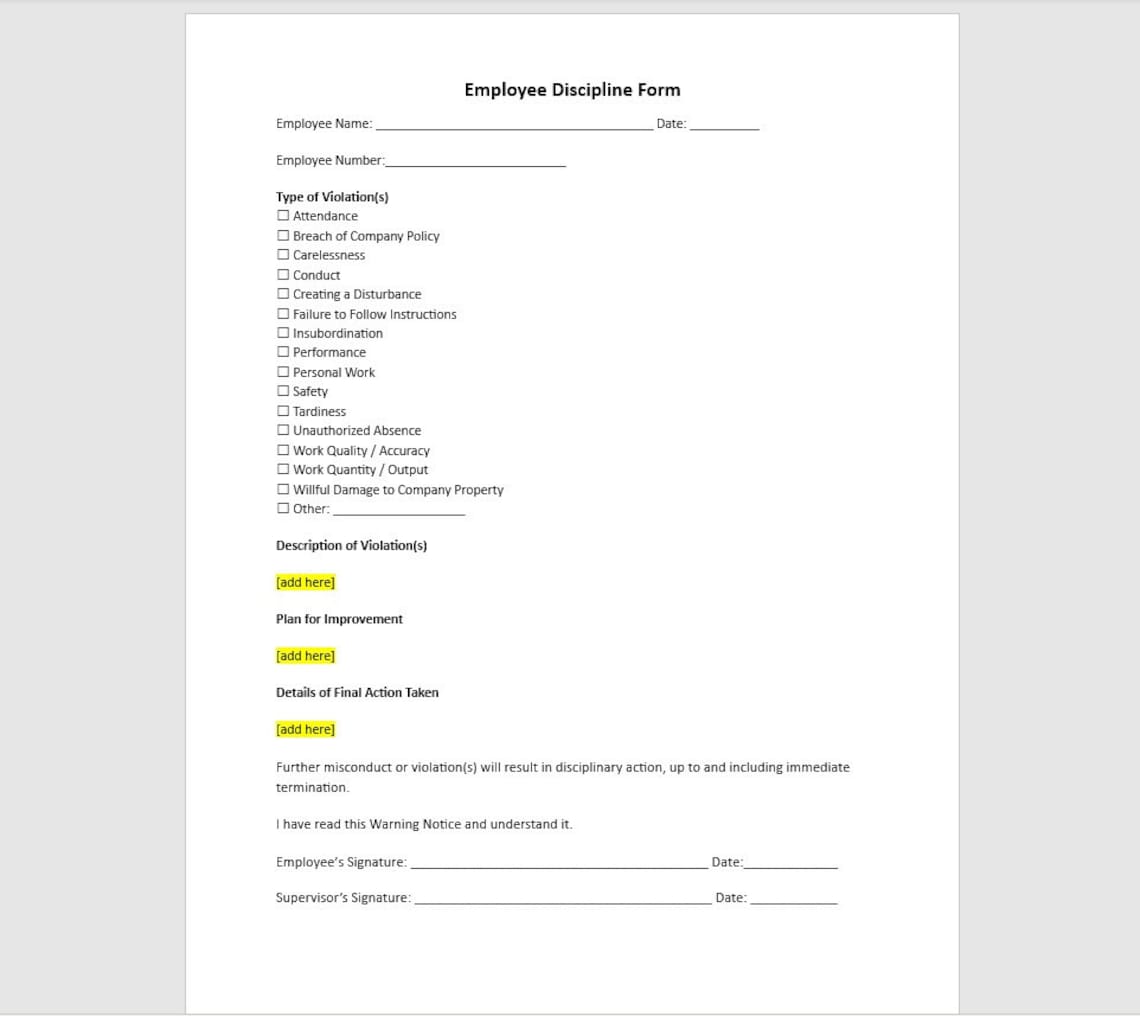 Employee Discipline Form, Employee Discipline Form Template, Discipline ...