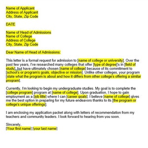 Op de afbeelding: Een formele brief waarin toelating tot een universiteit wordt gevraagd. Het document bevat de contactgegevens van de aanvrager en de instelling, een datum en een gedetailleerde uitleg van de interesse van de aanvrager in het programma, met de nadruk op carrièredoelen en unieke aanbiedingen.