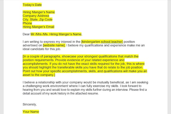 examples of a kindergarten cover letter