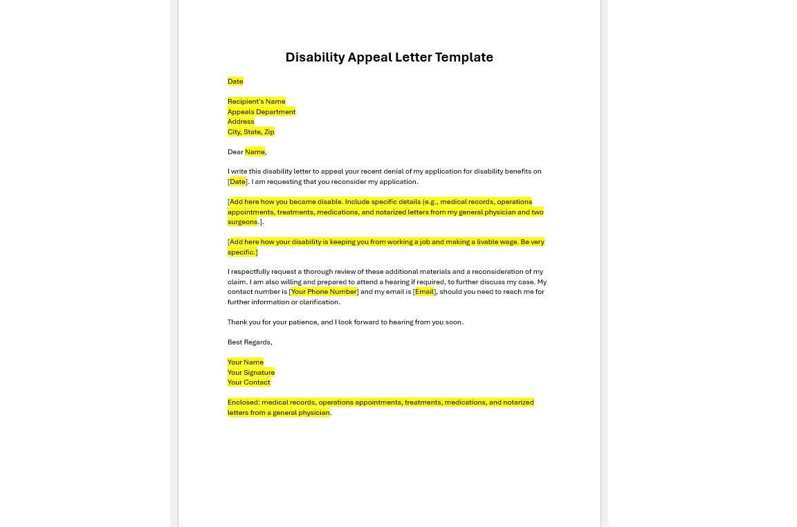 Editable Disability Appeal Letter Template, Disability Letter, Disability Letter Template, Letter Template, Word Template, Template