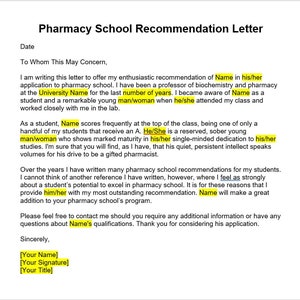 Plantilla de carta de recomendación de la escuela de farmacia, carta de recomendación de la escuela de farmacia, plantilla de la escuela de farmacia, plantilla de Word, plantilla
