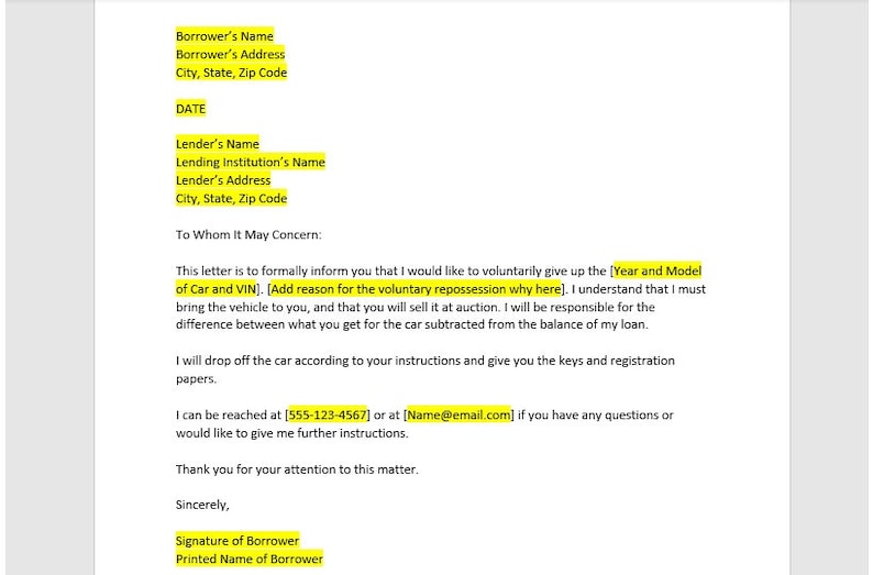 Voluntary Repossession Letter, Voluntary Repossession Letter Template ...