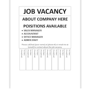 Può includere: Un cartello di lavoro vacante in bianco e nero con il testo "JOB VACANCY" e "ABOUT COMPANY HERE". Il cartello elenca le seguenti posizioni disponibili: Direttore vendite, Contabile, Direttore ufficio e Personale amministrativo. Il cartello include anche una sezione per le informazioni di contatto.