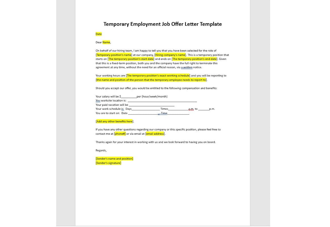Editable Temporary Employment Job Offer Letter Template, Temporary Employment Job ,offer Letter