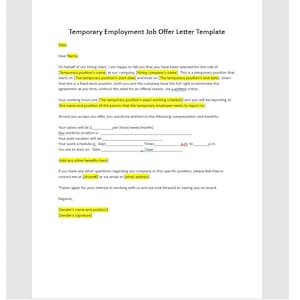 Plantilla de carta de oferta de trabajo de empleo temporal editable, trabajo de empleo temporal, plantilla de carta de oferta, carta de plantilla de oferta de trabajo
