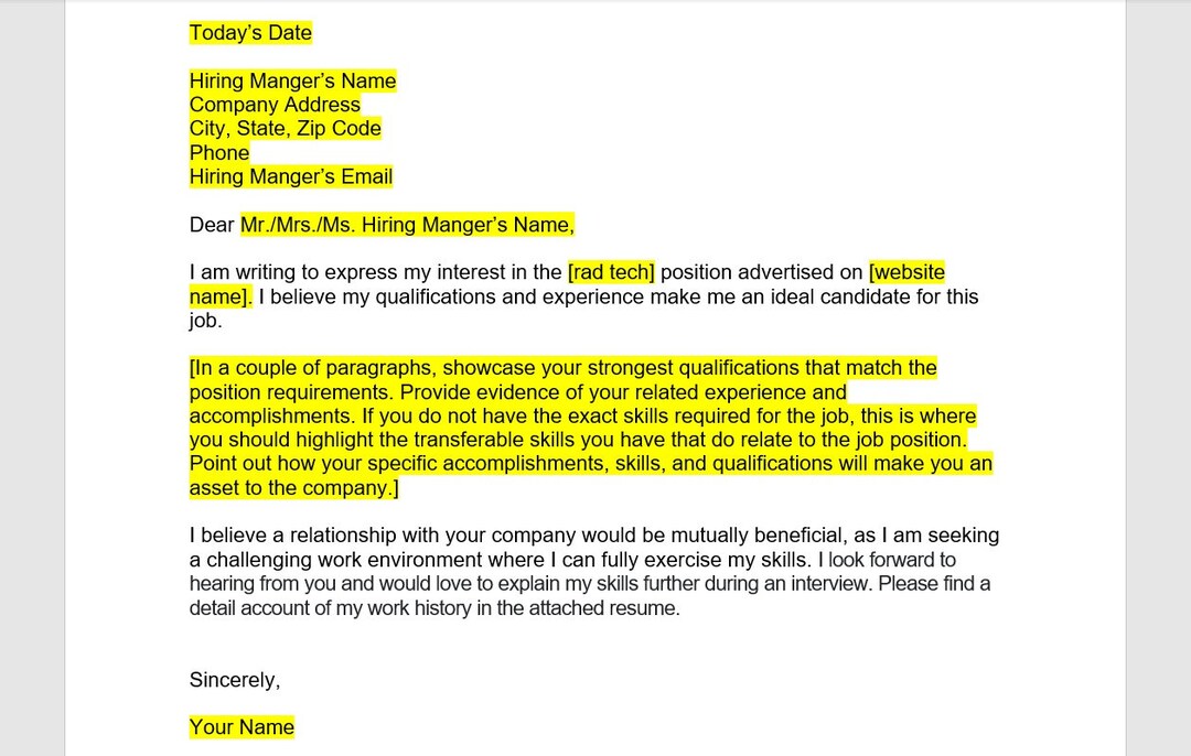 Radiologic Technologist Cover Letter Cover Letter Template Etsy