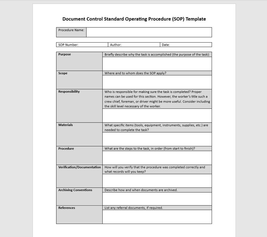 Document Control Standard Operating Procedure, Standard Operating ...