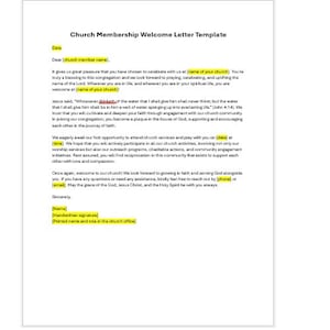 May include: A white document titled "Church Membership Welcome Letter Template" with black text. The letter includes spaces for the church member's name, date, and contact information. The letter is a template for welcoming new members.