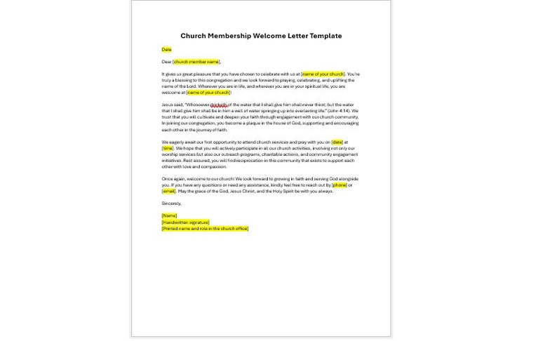 May include: A white document titled "Church Membership Welcome Letter Template" with black text. The letter includes spaces for the church member's name, date, and contact information. The letter is a template for welcoming new members.