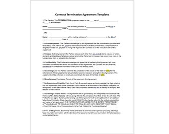 Editable Contract Termination Agreement, Contract Termination Agreement, Contract Template, Agreement Template, Editable Word Template