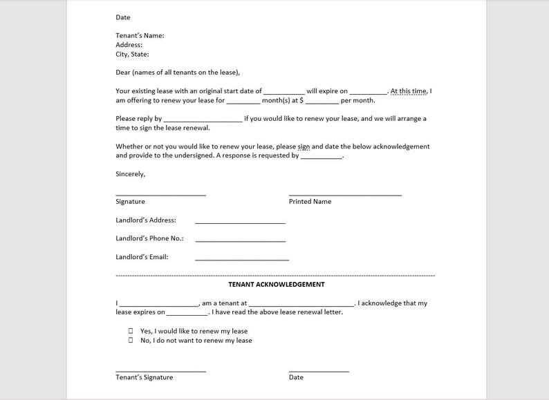 Lease Renewal Letter to Tenant Template, Lease Renewal Letter, Lease ...