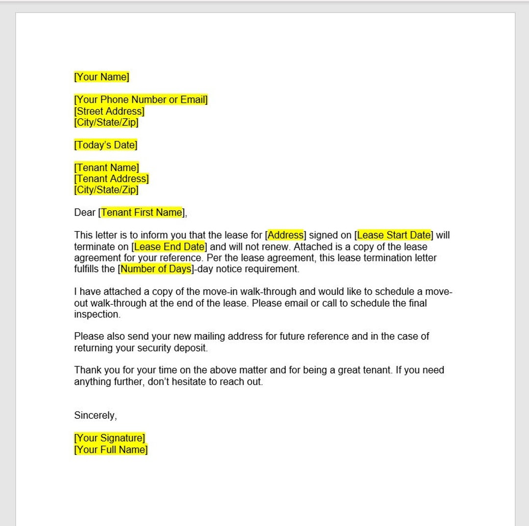 Landlord Lease Termination Letter Template Lease Termination Etsy Finland