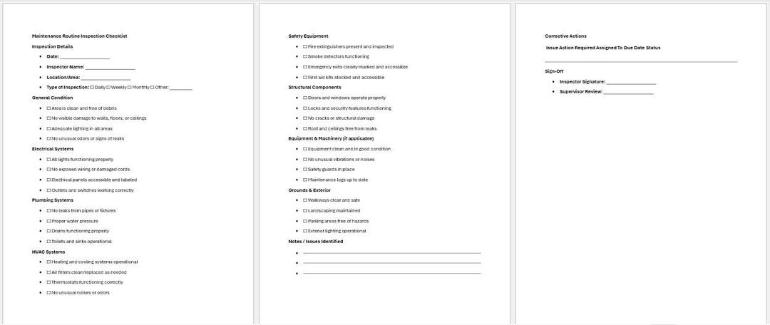 Maintenance Routine Inspection Checklist, Word Template, Simple ...
