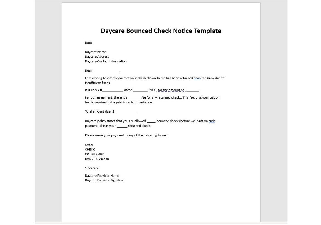 Editable Daycare Bounced Check Notice Template, Bounced Check Notice ...