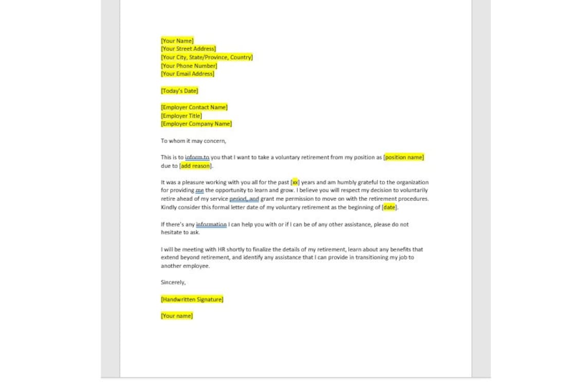 Voluntary Retirement Letter Template, Retirement Letter, Retirement