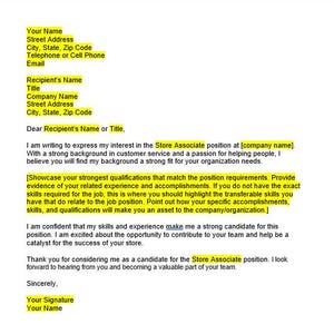 Carta de apresentação de associado de loja, modelo de carta de apresentação, carta de apresentação editável, modelo de carta de apresentação, modelo do Word, download instantâneo