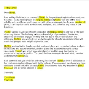 Plantilla de carta de recomendación de enfermera registrada, carta de recomendación de enfermera registrada, carta de recomendación, plantilla de Word, carta simple