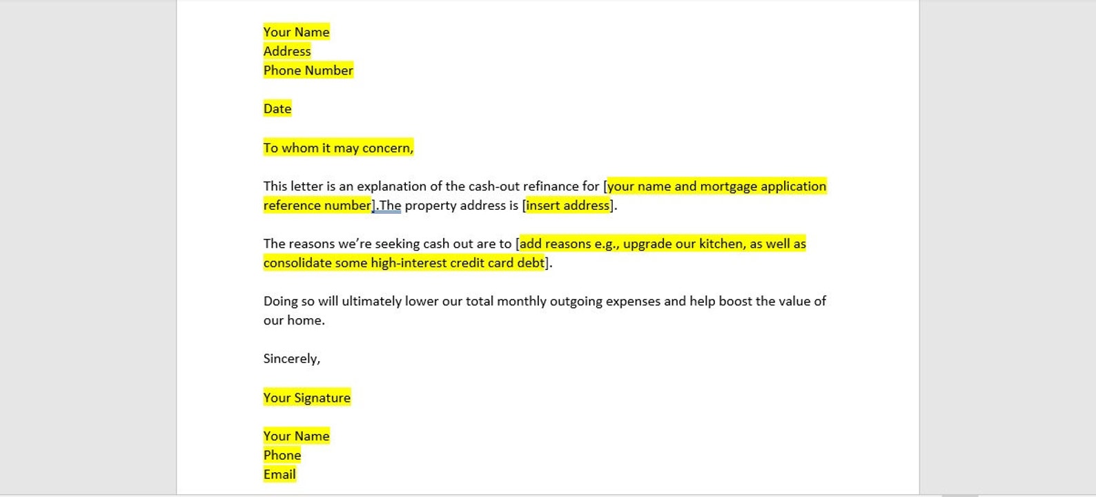 Cash Out Refinance Letter Template, Cash Out Refinance Letter, Cash Out