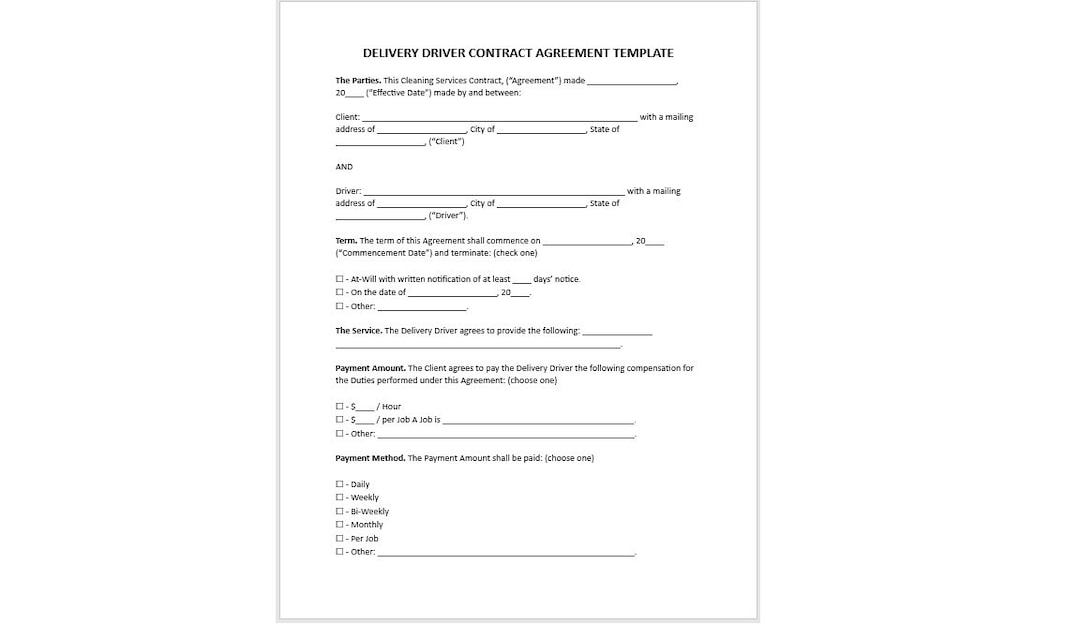 Delivery driver contract agreement delivery driver contract agreement