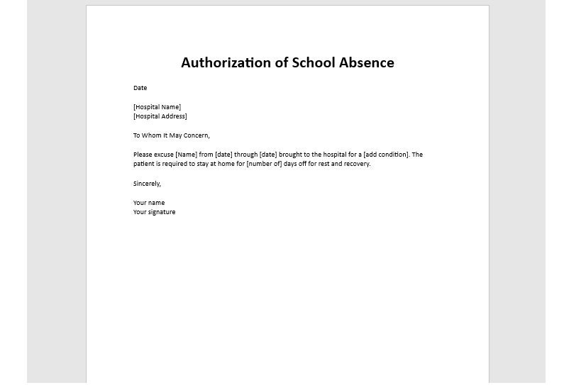 Editable Authorization for School Absence Template, Doctor Excuse Note ...