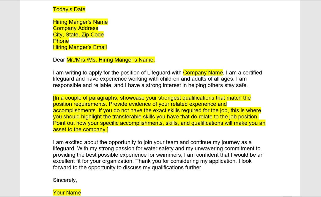 Lifeguard Cover Letter Cover Letter Template Editable Cover Etsy