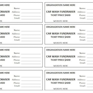 Op de afbeelding: Acht zwart-witte printbare autowas-fondsenwervingstickets met lege velden voor de naam van de organisatie, de naam, het adres, het telefoonnummer, het e-mailadres en de ticketprijs.