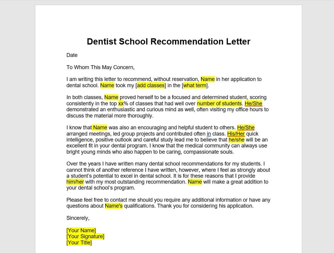 Dental School Recommendation Letter Template Dental School 