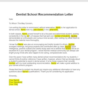 Plantilla de carta de recomendación de escuela dental, carta de recomendación de escuela dental, plantilla de escuela dental, plantilla de Word, plantilla