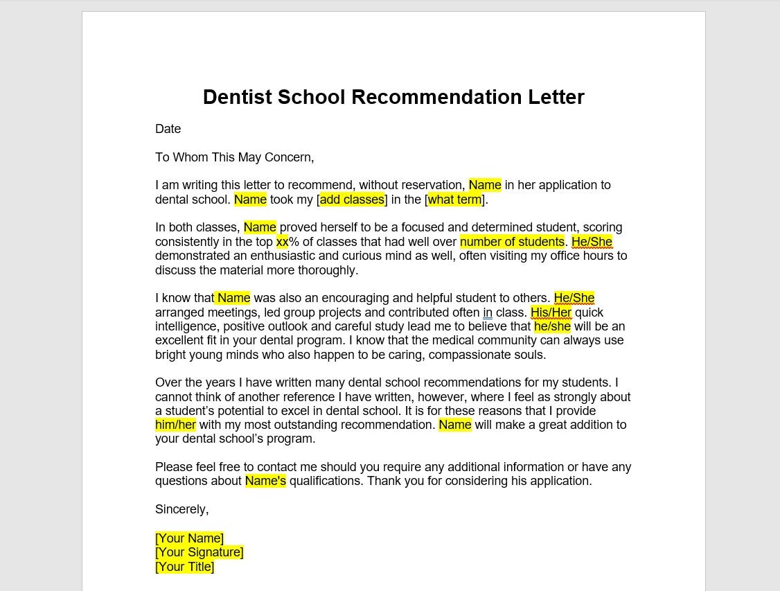 Dental School Recommendation Letter Template Dental School dental-school-recommendation-letter-template-dental-school
